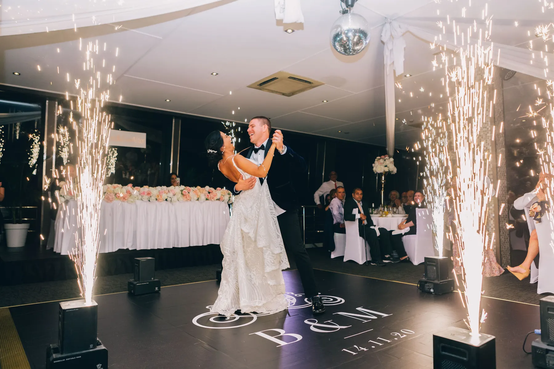 Wedding first dance with special lighting and sparks
